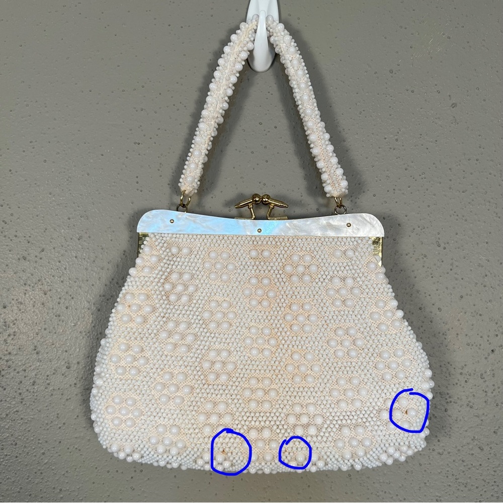 VTG 8x11 Beaded Purse White Gold John Wind Hong Kong Bakelite Pearl - Picture 9 of 10